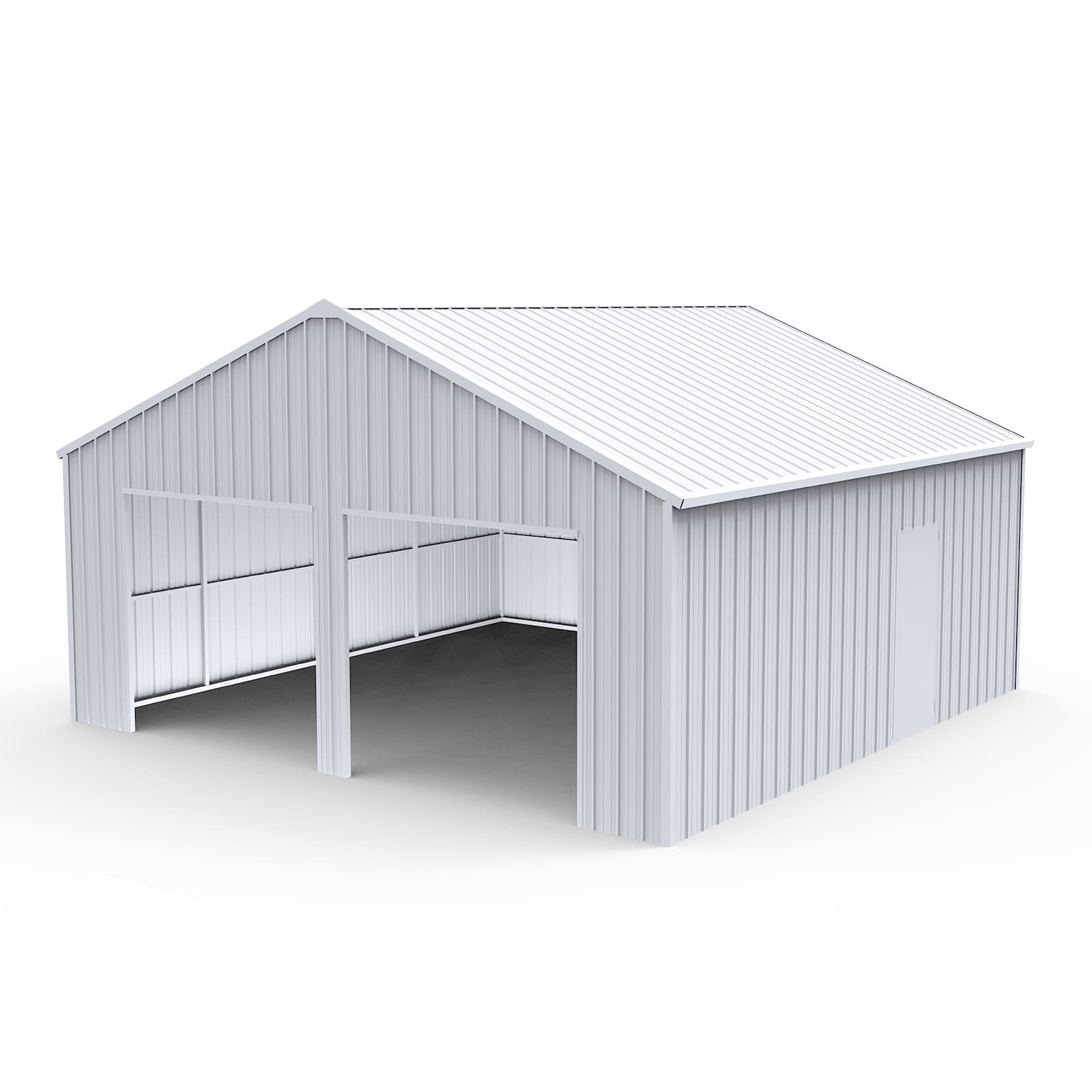 Metallic gray metal shed with a slanted roof on a white background