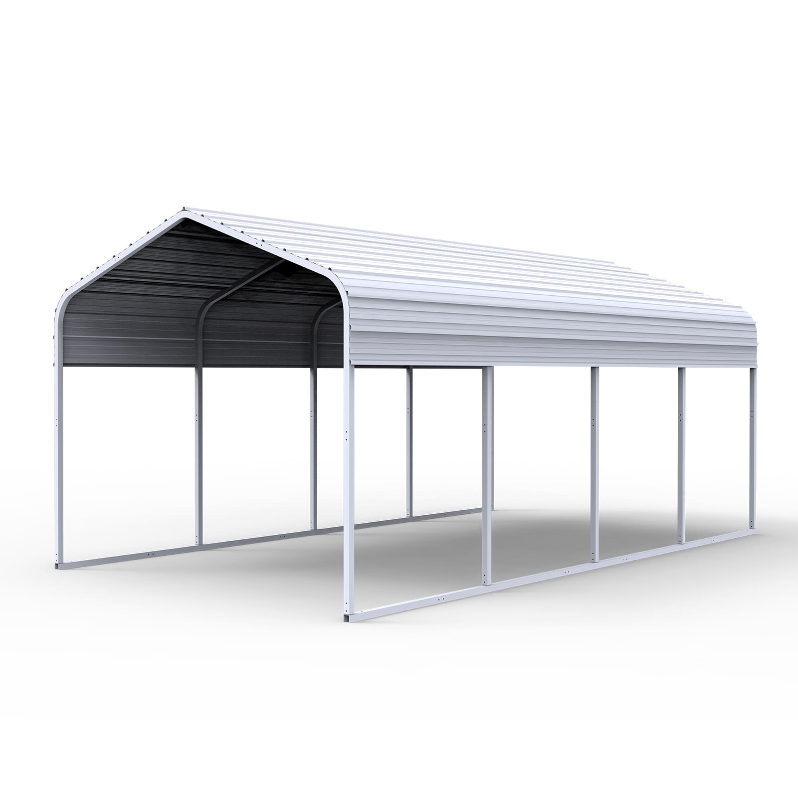 Metal carport structure with a gray roof and white walls on a white background