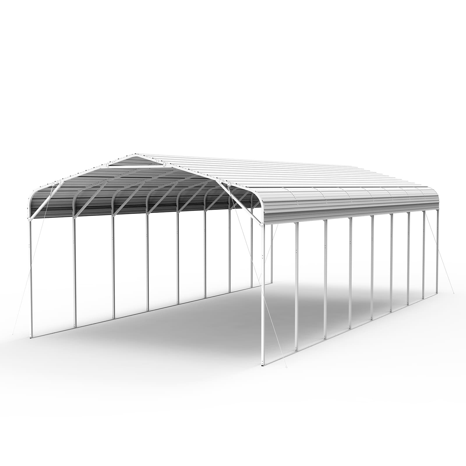 Metal carport structure with a gray roof on a white background