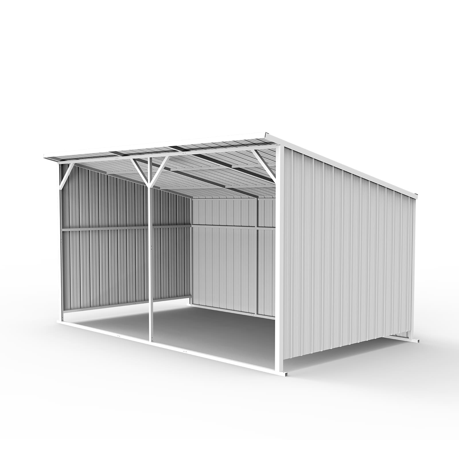 Metal storage shed with a slanted roof on a white background
