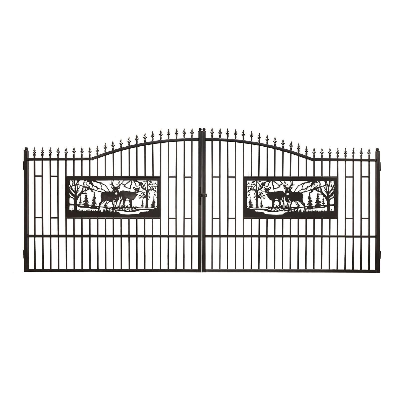 Black metal gate with deer and landscape design on a white background