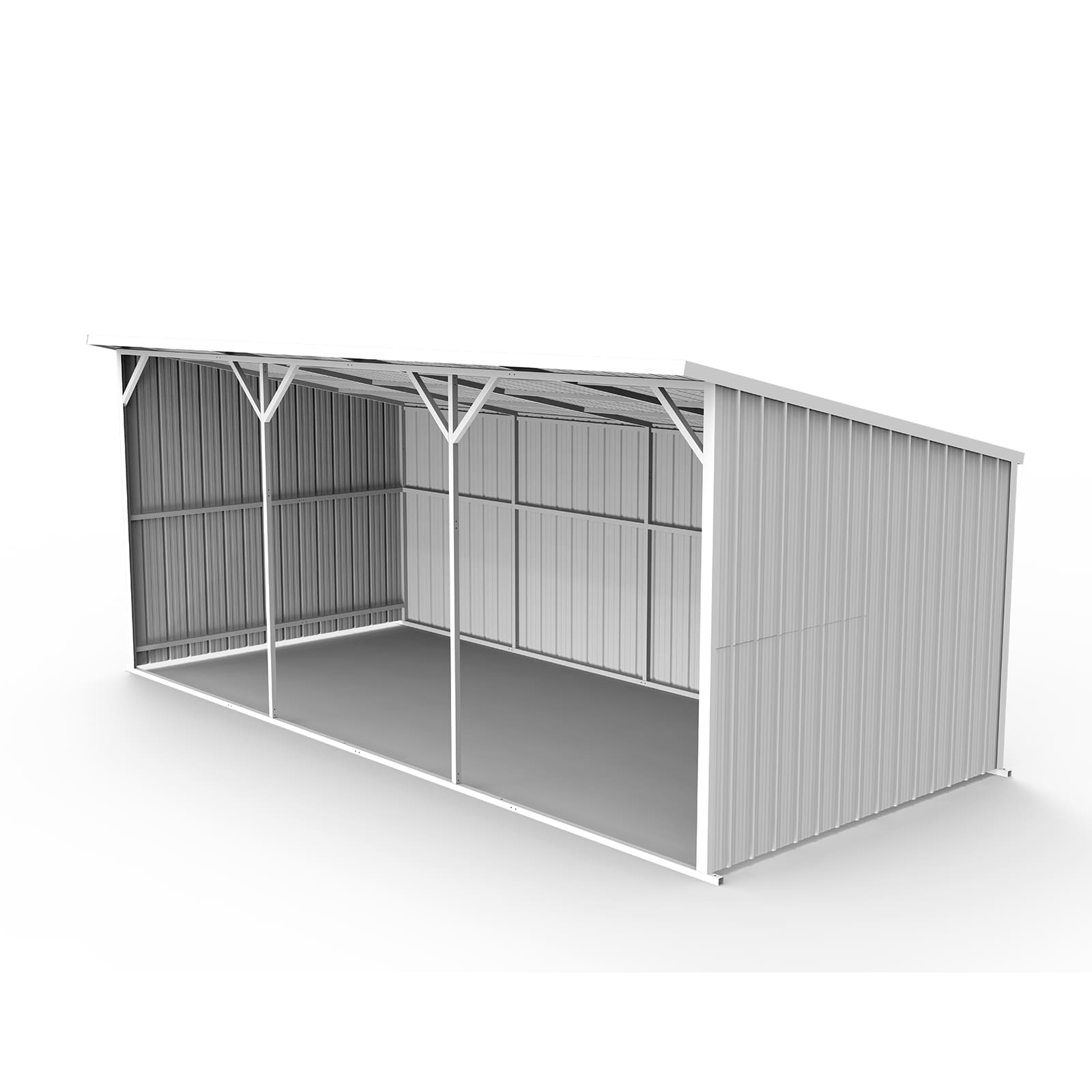 Metal storage shed with a slanted roof on a white background
