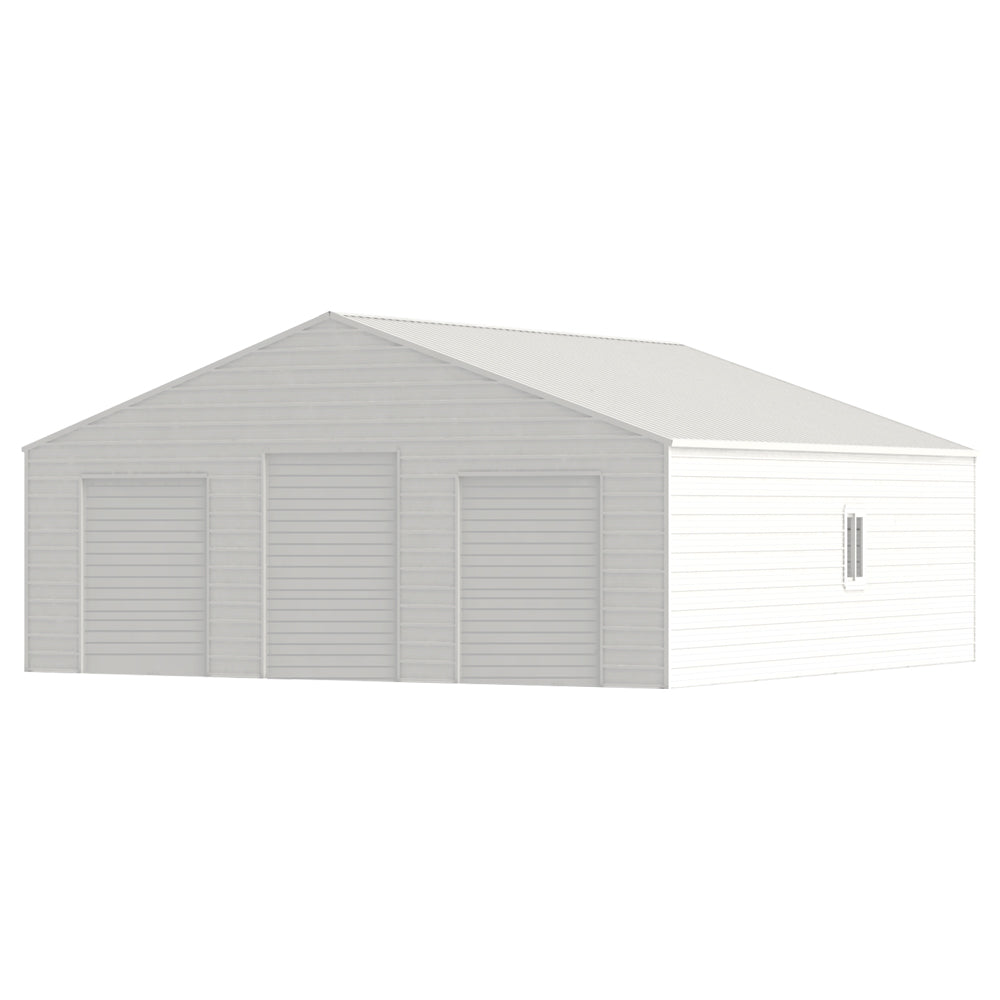 Large cream metal barn with three front roll-up doors and a side window.
