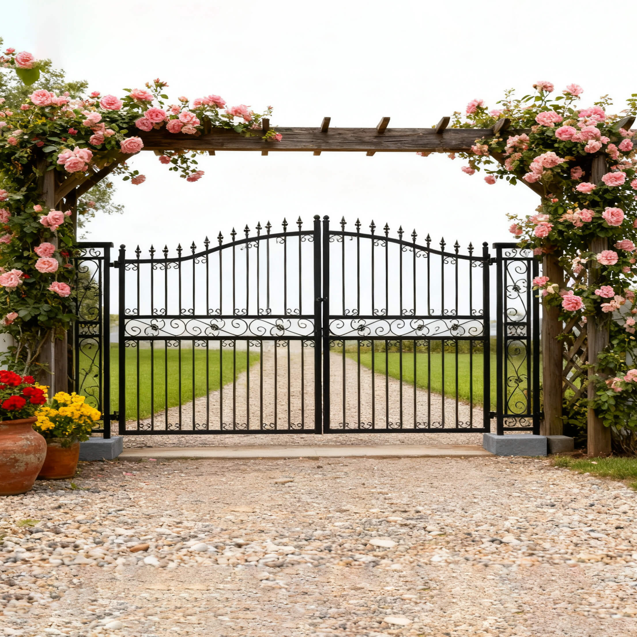 Decorative black metal gate with floral archway in a garden setting