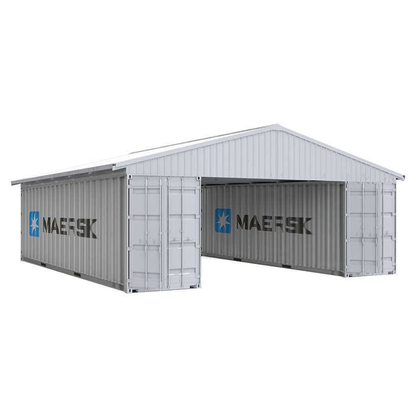 steel container roof kit installed over two Maersk shipping containers creating covered storage