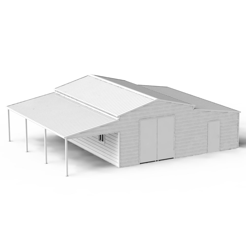 Metal shed with a carport on a white background